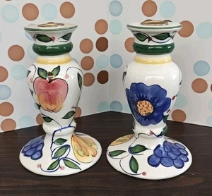 Bella Casa, Ganz Candle Holders 6” Floral Fruit Design Hand Painted, Poland - Picture 1 of 6