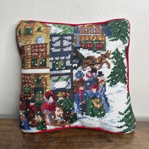 Vintage Nadelspitze Wolle Weihnachten Kissen Carolers 10x10 rot Samt Rücken EUC - Bild 1 von 5