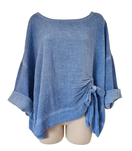 Italian Lagenlook Top Washed Linen round neck Ruched tie Tunic One Size UK 10-16 - Picture 1 of 9
