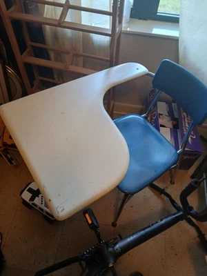 Old School Desk Chair White Desk Blue Chair Connected Together - Image 1 of 2