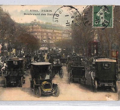 FRANCE CARS Postcard Paris 1911 TRAFFIC Boulevard Italiene {samwells}YZ136 - Image 1 of 4