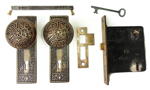 Antique Set EASTLAKE VICTORIAN AESTHETIC Backplates Door Knob Mortise Lock w Key Cover