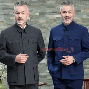 Men Chinese Traditional Suit Jacket Trousers Chinese Mao Zhongshan Blazer Jacket - Picture 1 of 28