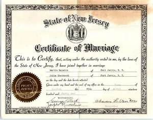 1941 New Jersey Marriage Certificate Martin Malatin & Julia Chechoski Jervis SS - Picture 1 of 2