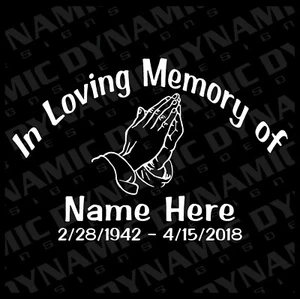 Custom IN LOVING MEMORY of praying hands Vinyl Car Window Decal Sticker name Rip - Picture 1 of 3