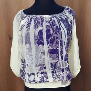 Vintage Y2K FANG Women's Large 3/4 Sleeve Blouse Top Floral Purple Ivory - Picture 1 of 12