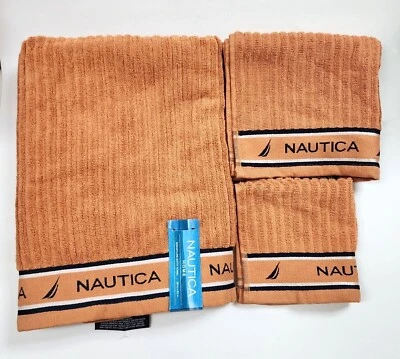 NAUTICA SIGNATURE PHS BURNT ORANGE STRIPES COTTON BATH,HAND OR WASHCLOTH TOWEL - Image 1 of 3