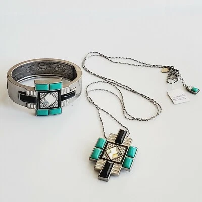 Lote de collar y brazalete Lia Sophia Art Deco Novelle plata turquesa nuevo con etiquetas Foto 1 de 4