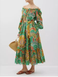 ALEMAIS Dress Size AU 12 US 8 Marion Off Shoulder Long Sleeve Green Paisley Midi - Picture 1 of 13