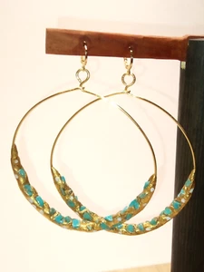 Big Oversized  Faux Turquoise Studded Gold Tone Circle Hoop Earrings ~ Pierced - Picture 1 of 16