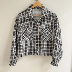 Tweed Fringe Cropped Button Front Jacket Navy Tan White M - Picture 1 of 7