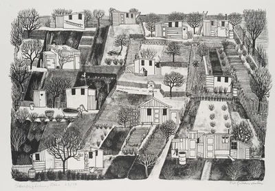 T. GÜLDENSTRUBBE (*1904), Schrebergärten, Künstlergrafik, um 1970, Lithographie - Bild 1 von 4