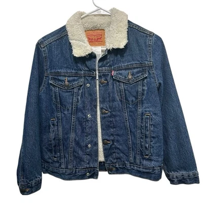 Levi’s Sherpa Lined Blue Denim Jean Trucker Jacket Youth Kids Size Medium - Image 1 of 4