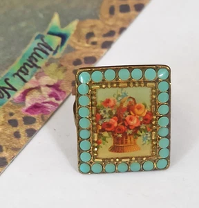 Michal Negrin Ring Roses Square Romantic Victorian Revival Turquoise Crystals - Picture 1 of 13