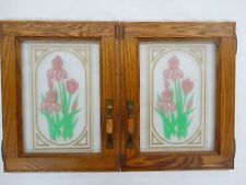 Vintage 80's Pair Oak w/Pink/Rose Floral Appliques Glass Cabinet/Cupboard Doors