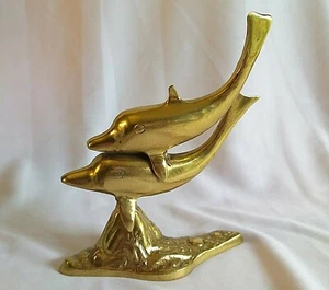 Vintage Solid Brass Double Dolphin Statue FIGURINE Swimming Dolphins 5-3/4" Tall - Picture 1 of 12