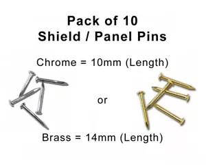 Pack of 10 Panel / Shield Pins - 10mm in Chrome (Silver) or 14mm in Brass (Gold) - Picture 1 of 5