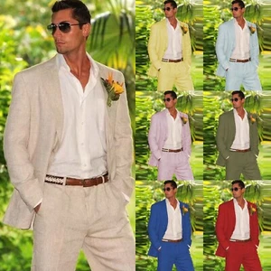 2 Pcs Men Suits Linen Cotton Wedding Business Party Casual Summer Men Tuxedos - Picture 1 of 19