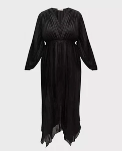 $365 WHITNEY MORGAN Pleated Handkerchief Midi Dress 1X Black A-Line Chiffon - Picture 1 of 23