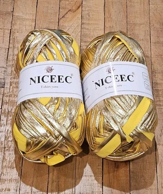 Fio de camiseta de metal NICEEC 2 novelos, brilhante, brilhante, dourado, amarelo, malha de crochê - Imagem 1 de 2