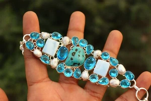 Turquoise, Topaz, Blue Agate & Pearl stone 925 sterling silver bracelet Sz 7-8" - Picture 1 of 3