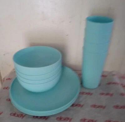 12 pcs Mainstays Plastic Dinner Plates,Cereal Bowls & Tumblers Set, turquiose - Image 1 of 4