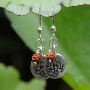 Natural mini brown round Rudraksha beads silver Lotus earrings Dangle Gold Hoop
