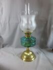 ANTIQUE VINTAGE BRASS AND GLASS DUPLEX OIL LAMP & ETCHED TULIP SHADE