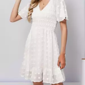 Women's V Neck Smocked Swiss Dot Swing Flowy Ruffle Hem Mini Beach Dress ~ - Picture 1 of 14