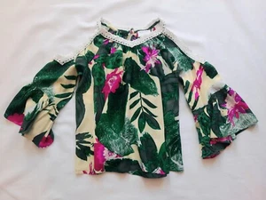 Witchery Girl Size 10 Tropical Print Long Sleeve Swing Top Crochet Trim - Picture 1 of 9