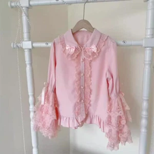 Women Girl Cute Lolita Shirts Ruffles Tops Lace Flare Sleeve Bow Blouse Top - Picture 1 of 8