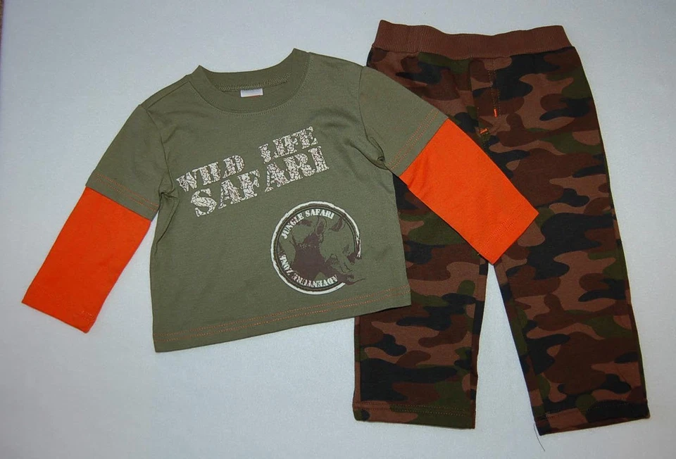 Bebé Niño L/S CAMISETA Verde Naranja WILD LIFE SAFARI ADVENTURE Pantalones Camuflados 12 MO Foto 1 de 1