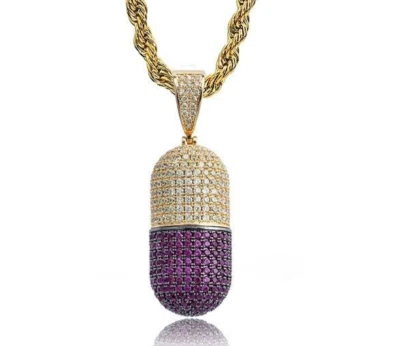 Men's 14k Gold Plated Rhinestone Capsule Pendant Necklace Lucky Jewelry Chain - Image 1 of 4