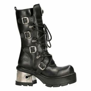 NEWROCK 373-S33 Boots Ladies Black 100% Leather Boots Goth Punk Emo Rock Biker - Picture 1 of 9