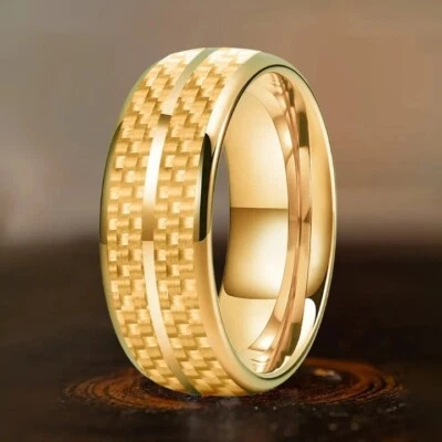 8MM Men Women Dome Double Groove Gold Carbon Fiber Inlay Tungsten Carbide Ring - Image 1 of 4