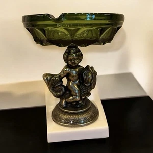 Koi Fish Cherub Marble Glass Metal Dish Candy Trinket Ashtray Hollywood Regency - Imagen 1 de 12