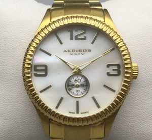 Akribos XXIV Watch Mens 40mm Gold Tone White MOP Dial AK549YG New Battery 8.25" - Picture 1 of 15