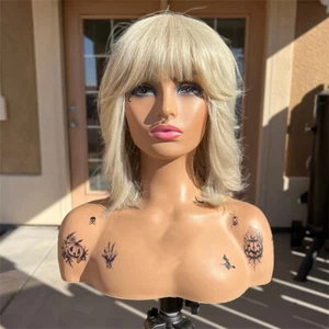 100% Human Hair Platinum Blonde Bob Wig with Bangs Short Blonde Wig #60 Glueless - Picture 1 of 8