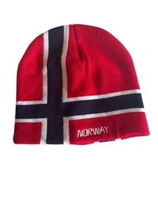 Norwegian Flag Knit Beanie Hat Red White & Blue Embroidered Norway Winter Cap Un - Picture 1 of 4