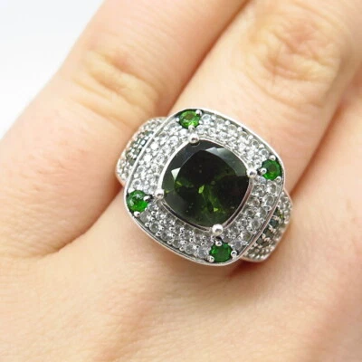925 Sterling Silver Green Diamond Topaz Tourmaline Peridot Gem Ring Size 5.75 - Image 1 of 4