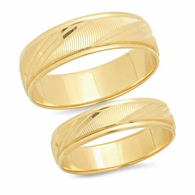 14K Solid Yellow Gold His Hers Wedding Band Ring Set Matching Men Womens Unisex - Image 1 of 4