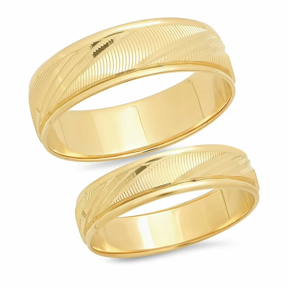 14K Solid Yellow Gold His Hers Wedding Band Ring Set Matching Men Womens Unisex - Image 1 of 4