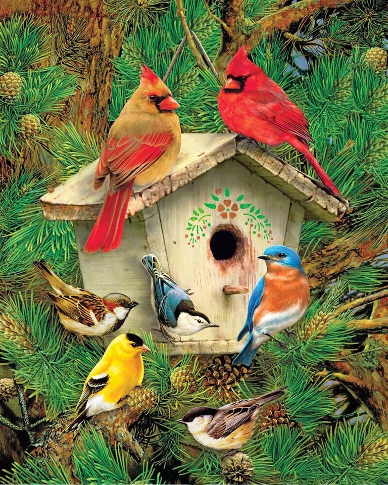 Springbok Feathered Retreat Birdhouse 1000pc Jigsaw Puzzle Birds Cardinals