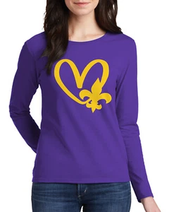 Mardi Gras Fleur De Lis Heart Women's Long Sleeve T-Shirt Fat Tuesday - Picture 1 of 9