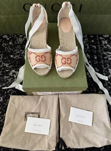 GUCCI SHOES RAFFIA WEDGE ESPADRILLES WRAP AROUND G LOGO SANDALS G 38 - Picture 1 of 9