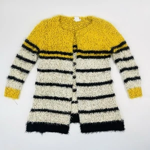 Solution Cardigan One Size Black White Yellow Striped Open Front Fuzzy SOFT - Picture 1 of 8