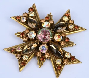 Vintage FLORENZA Rhinestone Maltese Cross Brooch Gold Tone 2.5” - Picture 1 of 7