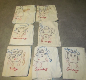 Vintage Days of the week Dish Towels Embroidered Teapot Coffee Pot Set 7 - Picture 1 of 8