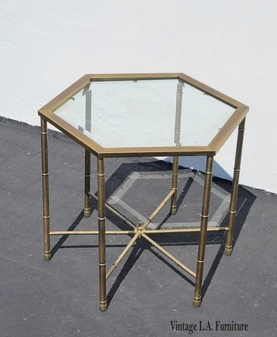 Vintage Hollywood Regency Hexagon Gold Metal Side Table Cover