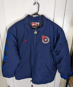 Vintage 90s Nike Team Sports Coach Parka NHL NY Rangers Spellout Logo Quilted XL - Picture 1 of 11